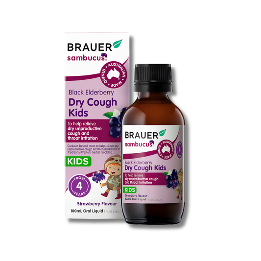 Brauer Black Elderberry Dry Cough Kids supports throat comfort and helps maintain respiratory health in children