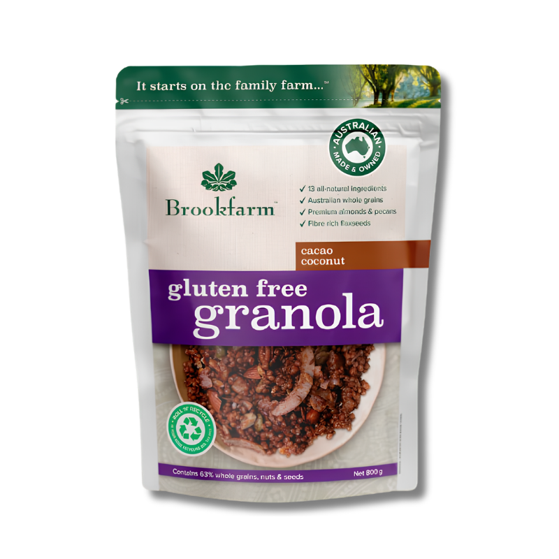 Brookfarm gluten free granola package on a white background