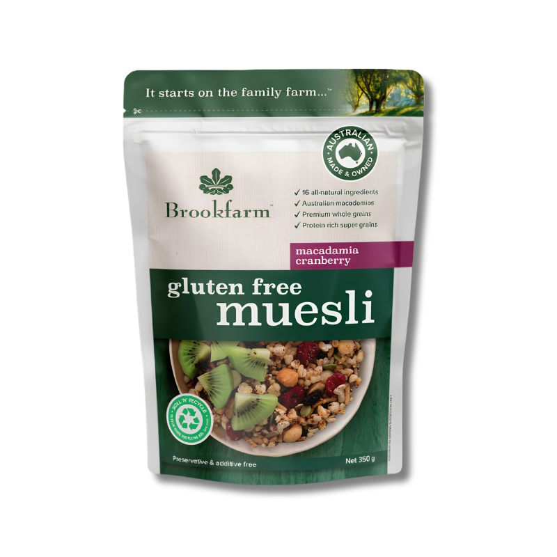 Brookfarm gluten free muesli package on a white background
