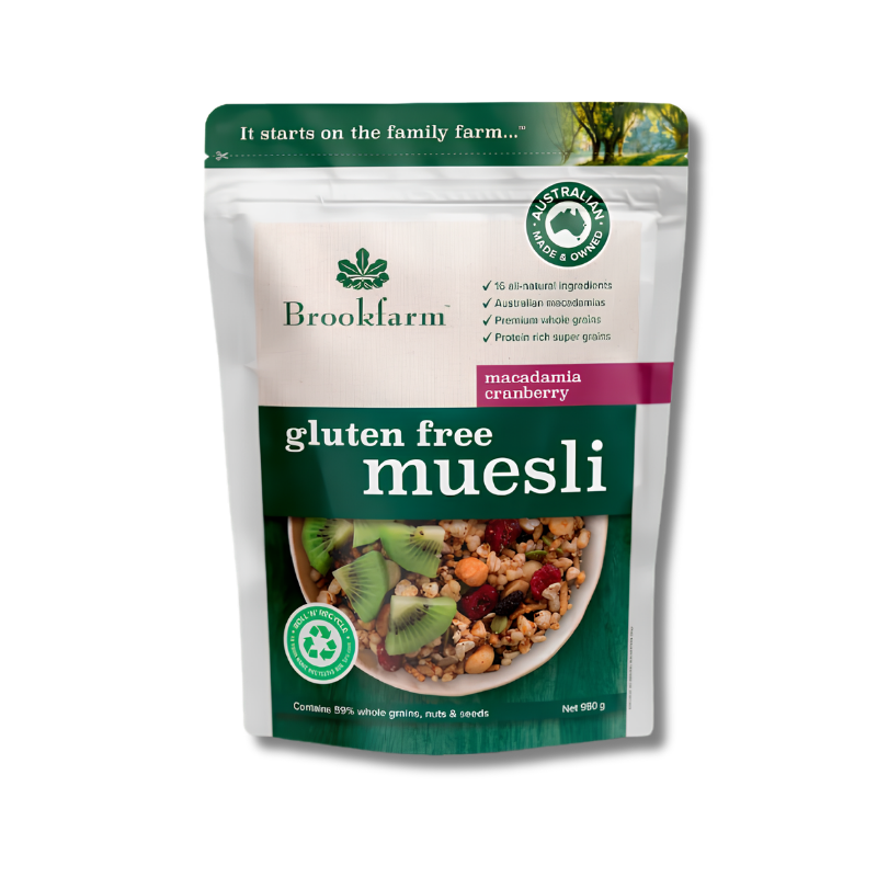 Brookfarm gluten free muesli package with a white background