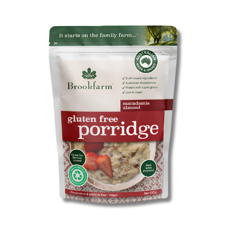 Brookfarm gluten free porridge package on a white background