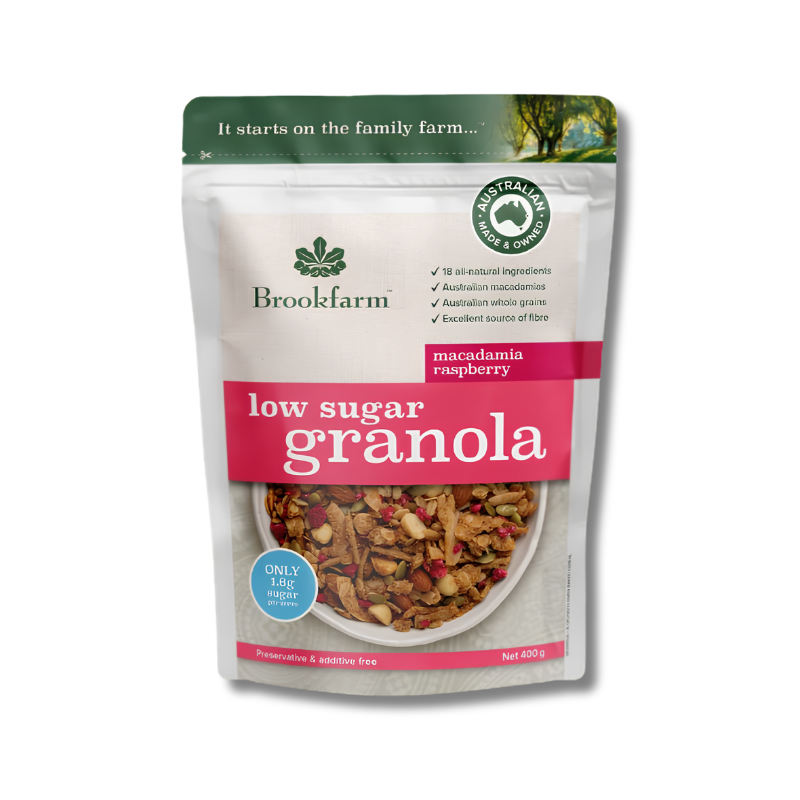 Package of Brookfarm low sugar granola with macadamia raspberry flavor on a white background