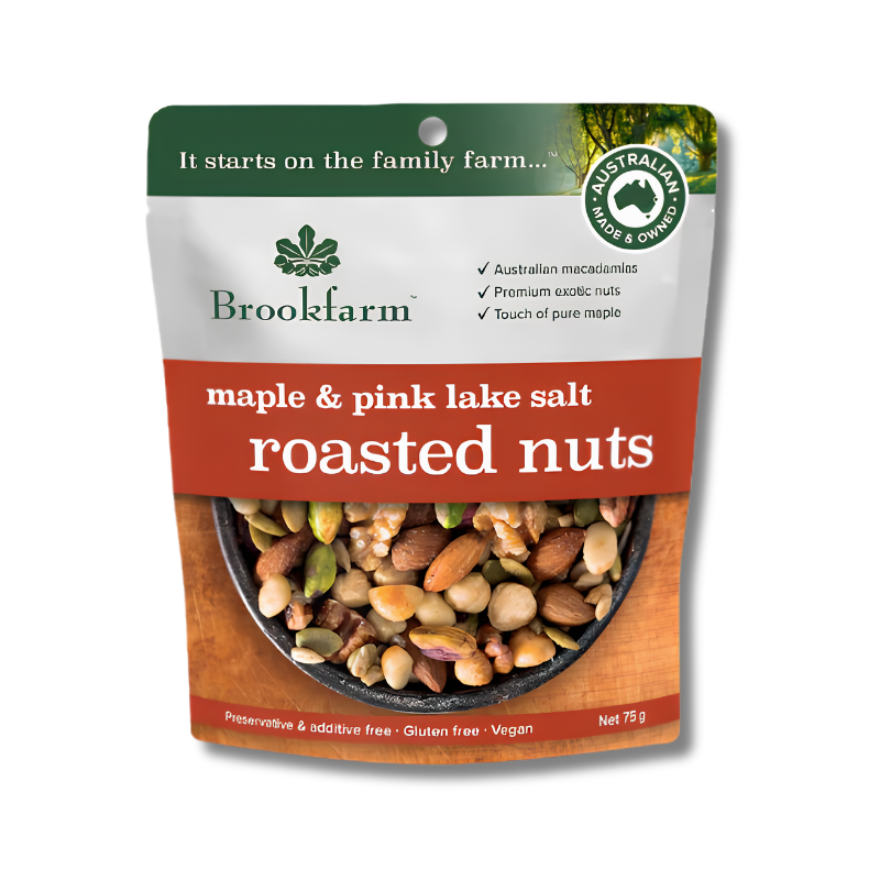 Brookfarm maple & pink lake salt roasted nuts packaging on a white background