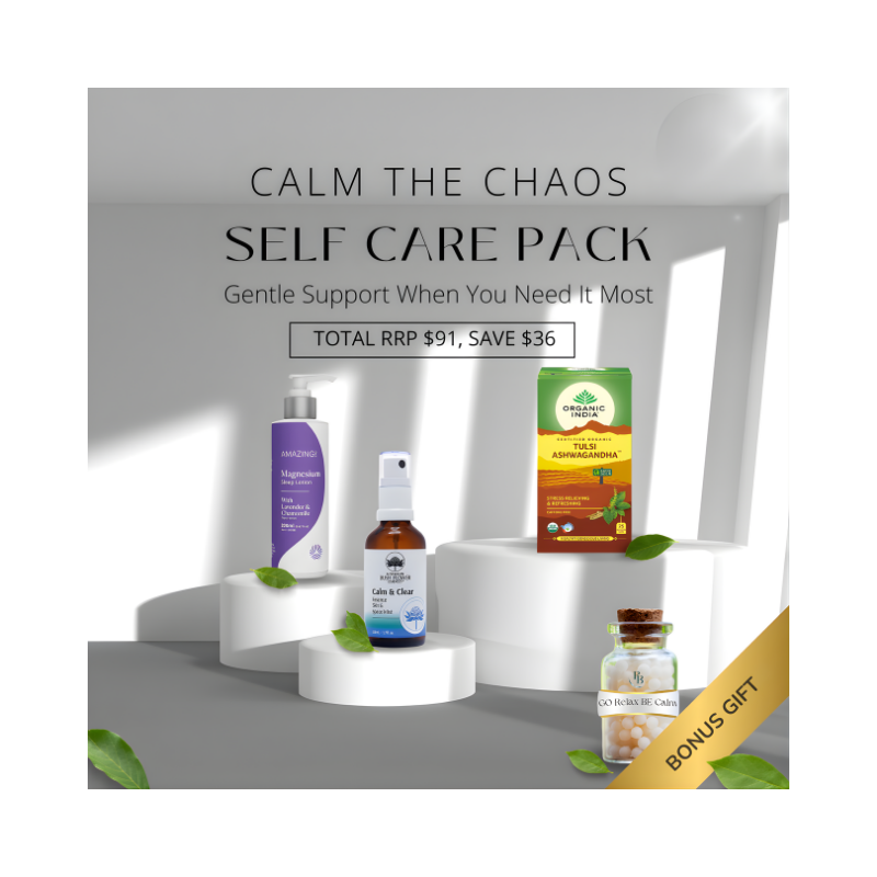 Calm the Chaos Self Care Pack – natural stress relief set with magnesium lotion, tea, mist, and Go Be Calm homeopathic remedy.