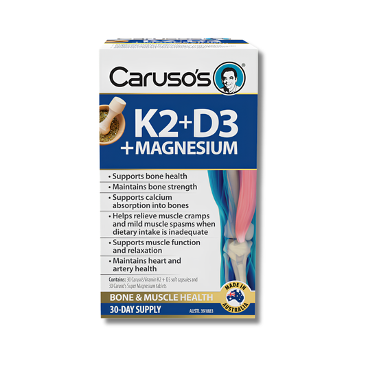 Caruso's K2+D3+Magnesium supplement box on a white background