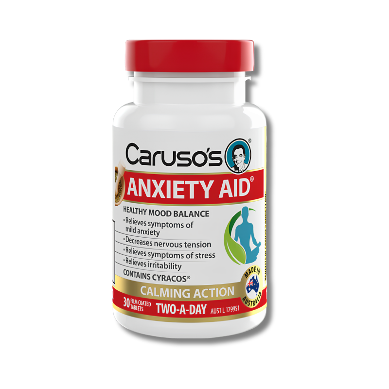 Bottle of Carusos Anxiety Aid on a white background