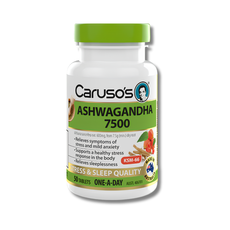 Bottle of Carusos Ashwagandha 7500 supplement on a white background