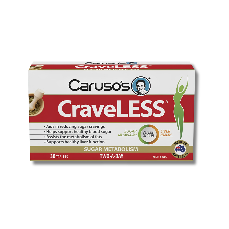 Caruso's CraveLESS supplement box on a white background
