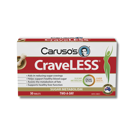 Caruso's CraveLESS supplement box on a white background