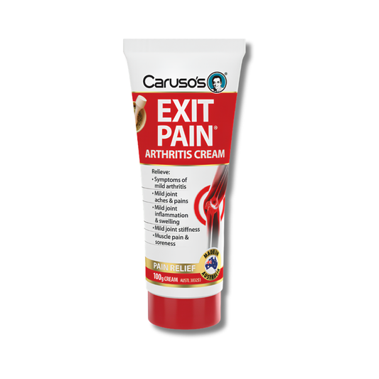Caruso's Exit Pain Arthritis Cream tube on a white background