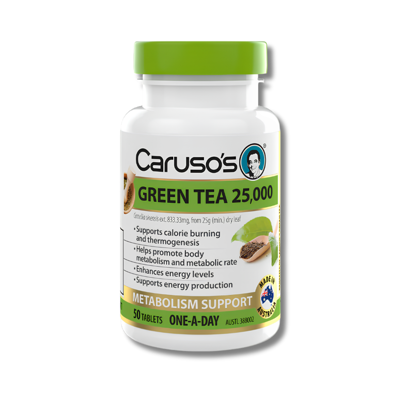 Carusos Green Tea 25,000 supplement bottle on a white background