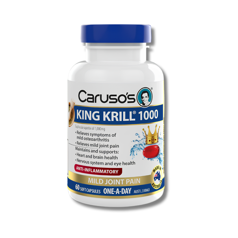 Caruso's King Krill 1000 supplement bottle on a white background