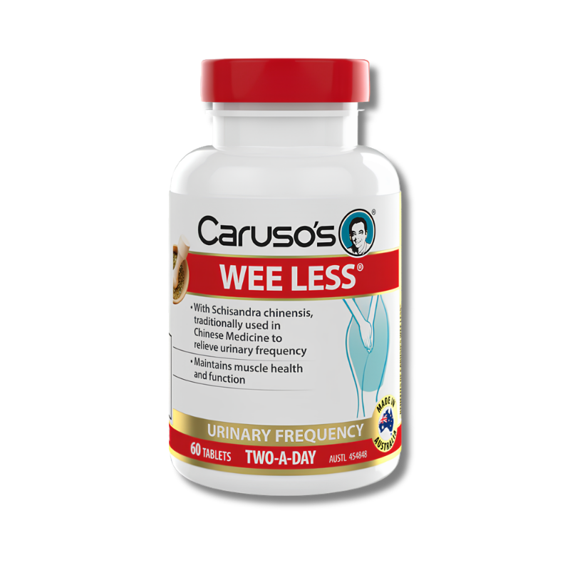 Caruso's Wee Less supplement bottle on a white background