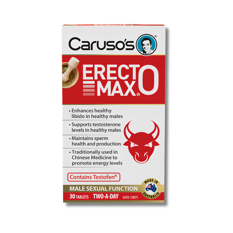 Caruso's ErectoMax supplement packaging on a white background