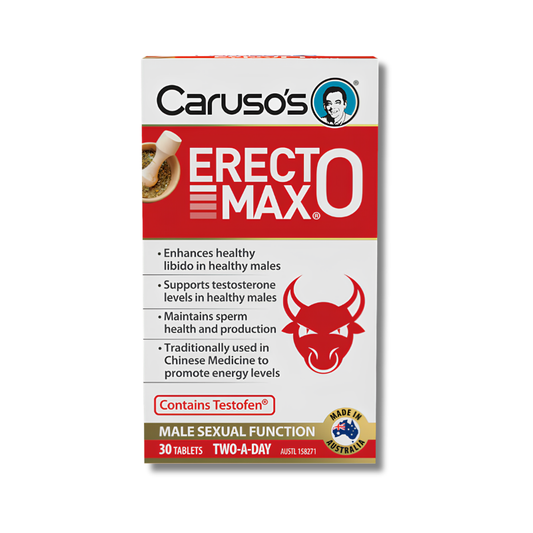 Caruso's ErectoMax supplement packaging on a white background