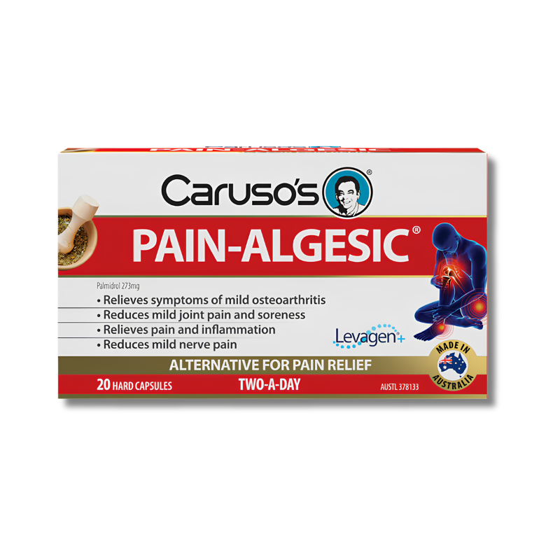 Box of Caruso's Pain-Algesic capsules on a white background