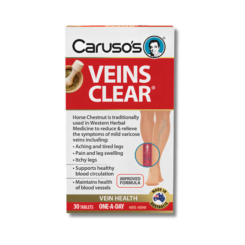 Caruso's Veins Clear supplement packaging on a white background