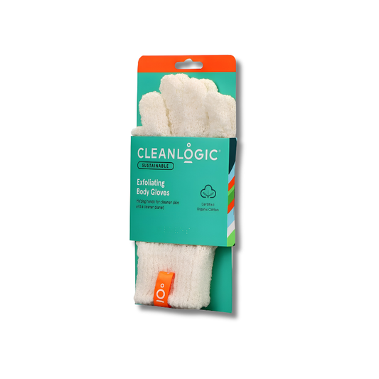 Packaged exfoliating body gloves with CLEANLOGIC branding on a white background