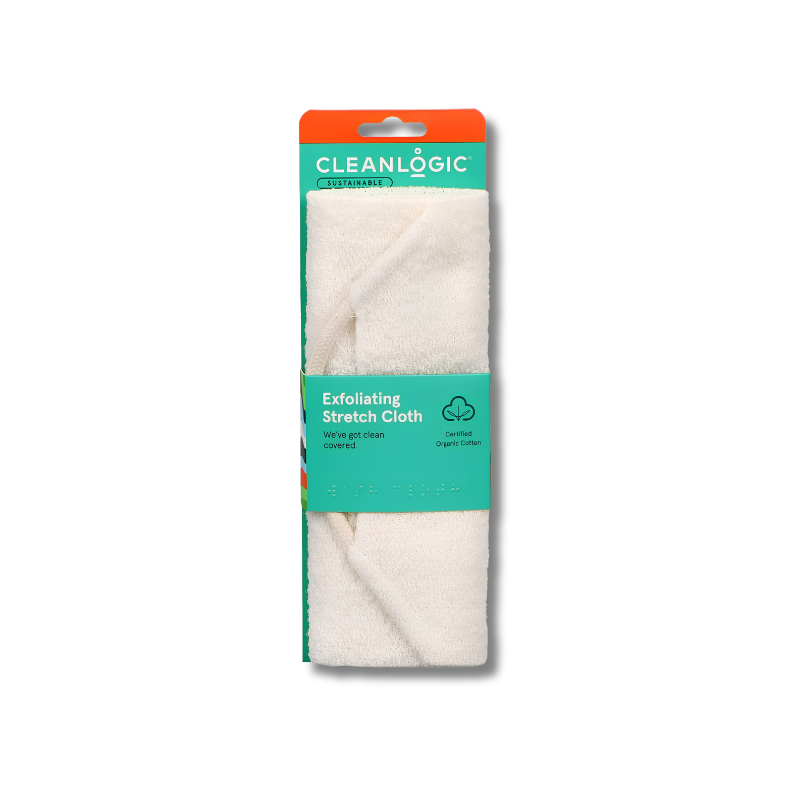 Packaged exfoliating stretch cloth with Cleanlogic branding on a white background