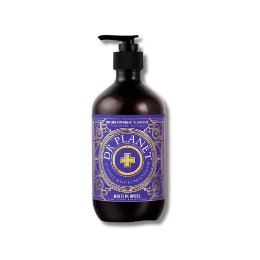 Bottle of Dr. Planet soap concentrate with a purple label on a white background