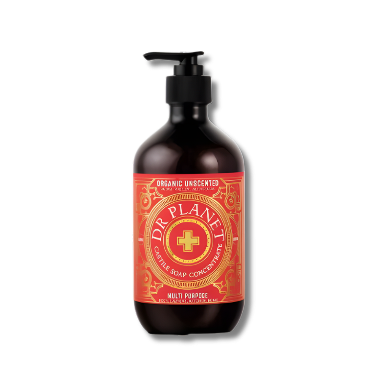 Dr. Planet castile soap concentrate bottle with red label on a white background