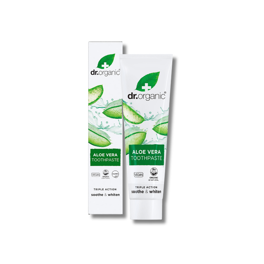 Dr. Organic aloe vera toothpaste packaging on a white background