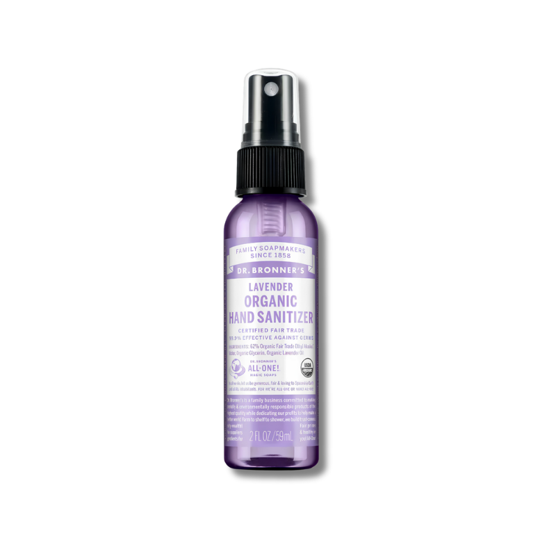 Purple bottle of Dr. Bronner's Lavender Organic Hand Sanitizer on a white background