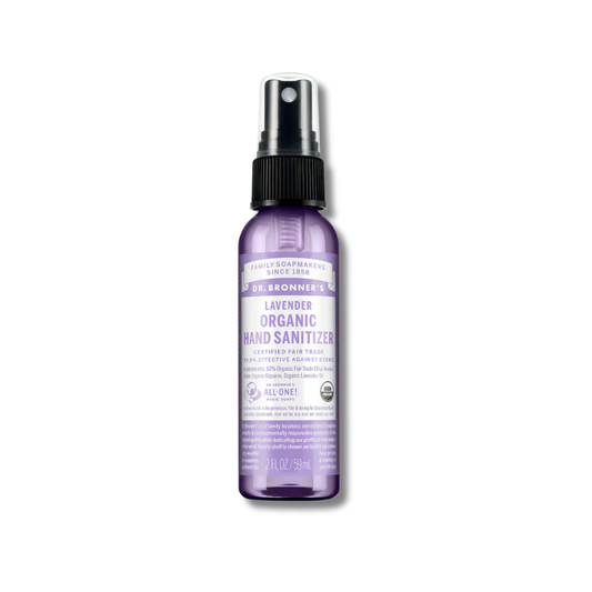 Purple bottle of Dr. Bronner's Lavender Organic Hand Sanitizer on a white background