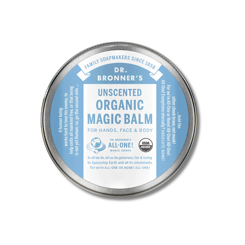 Dr. Bronner's Unscented Organic Magic Balm tin on a white background
