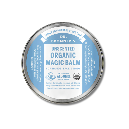 Dr. Bronner's Unscented Organic Magic Balm tin on a white background