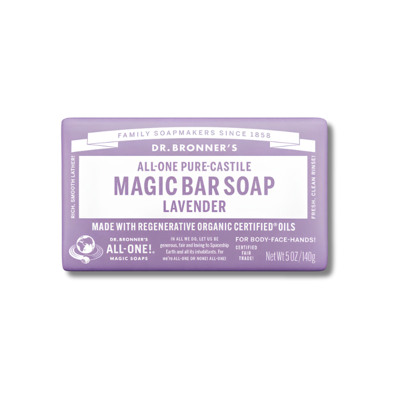 Dr. Bronner's lavender magic bar soap on a white background