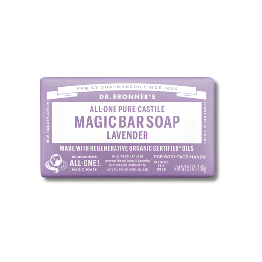 Dr. Bronner's lavender magic bar soap on a white background