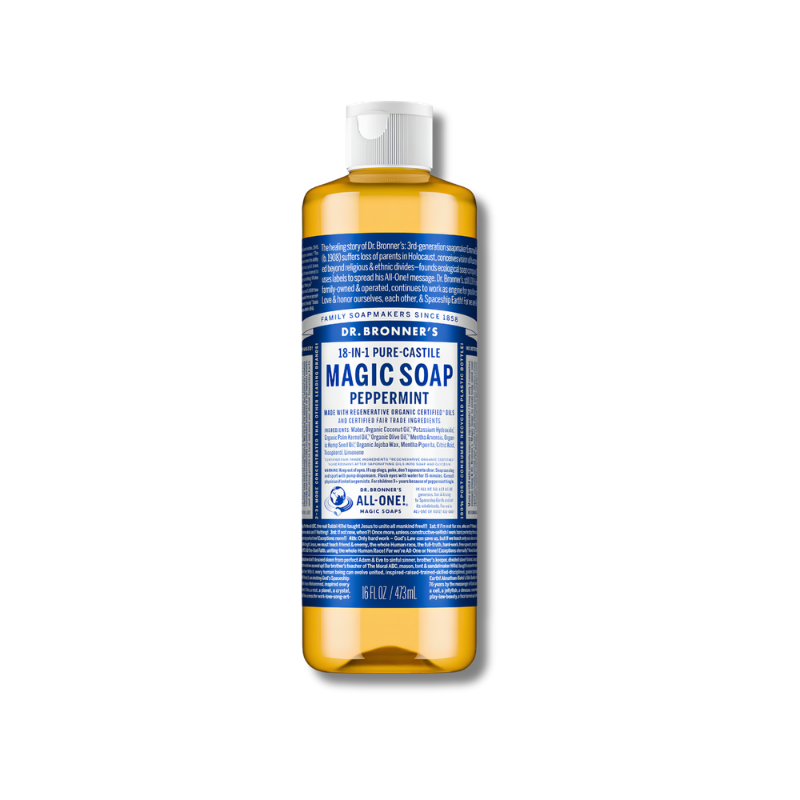 Dr. Bronner's Magic Soap Peppermint bottle on a white background