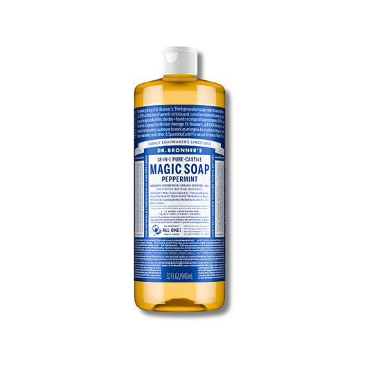 Dr. Bronner's Magic Soap Peppermint bottle on a white background