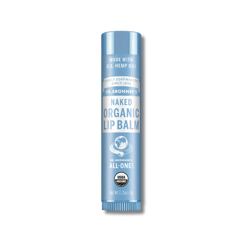 Blue lip balm tube with branding on a white background