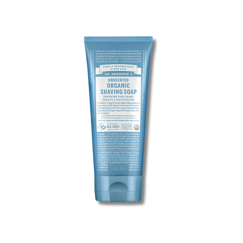 Blue tube of Dr. Bronner's Unscented Organic Shaving Soap on a white background