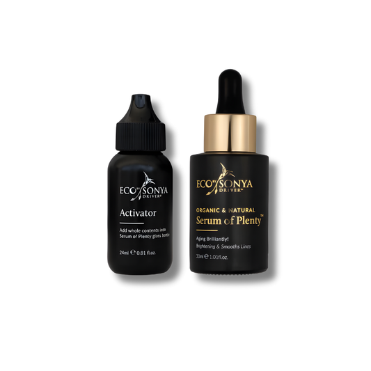 Two black bottles labeled 'Activator' and 'Serum of Plenty' by Eco Sonya on a white background.