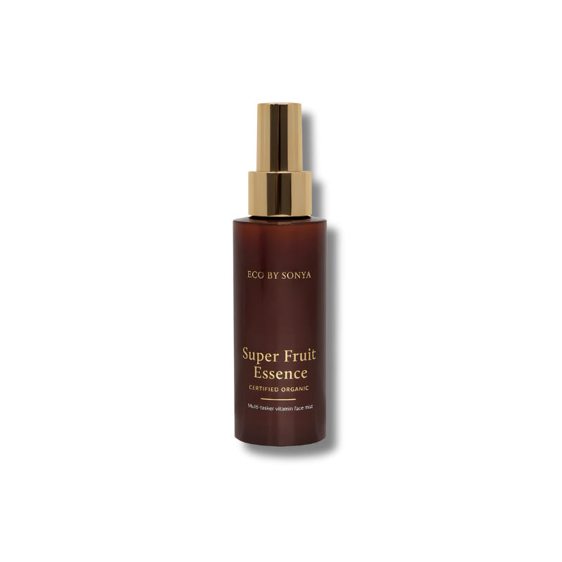 Brown bottle of 'Super Fruit Essence' with gold cap on a white background