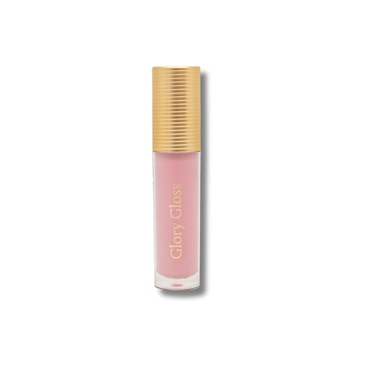 A tube of Glory Gloss lip gloss in a soft pink shade with a ribbed gold cap, shown on a clean white background.