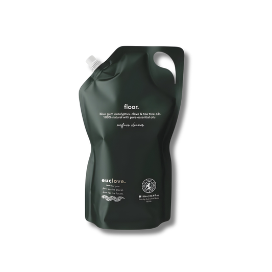 Green plastic bottle with white text on a white background