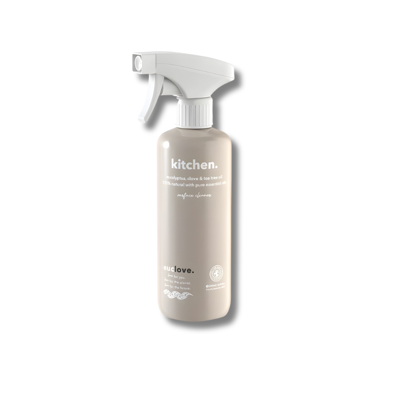 Spray bottle labeled 'kitchen' on a white background