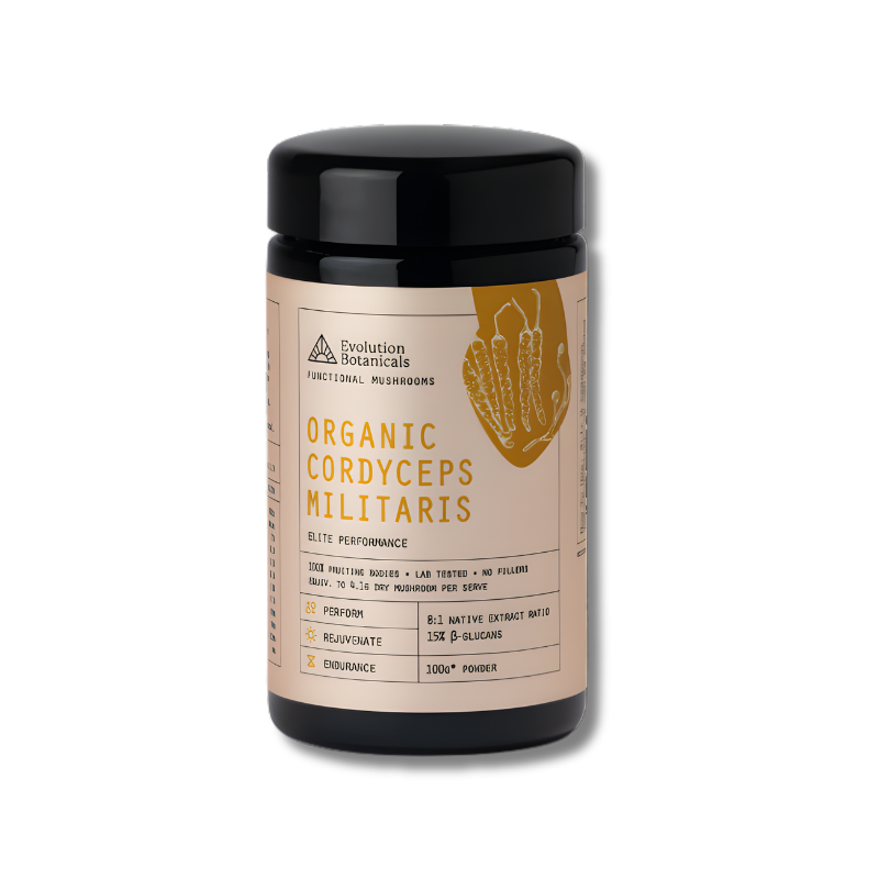 Jar of Organic Cordyceps Militaris by Evolution Botanicals on a white background