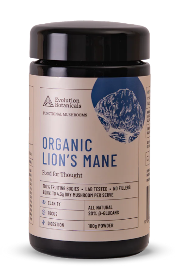 Jar of Evolution Botanicals Organic Lion's Mane on a white background