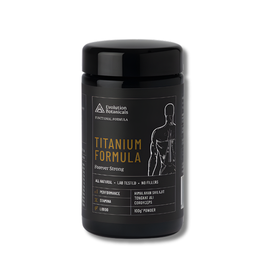 Black supplement container with 'Evolution Botanicals Titanium Formula' on a white background