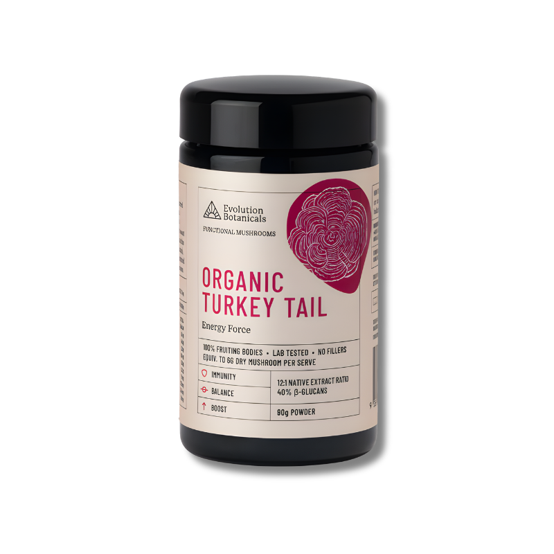 Jar of Organic Turkey Tail powder with black lid on a white background