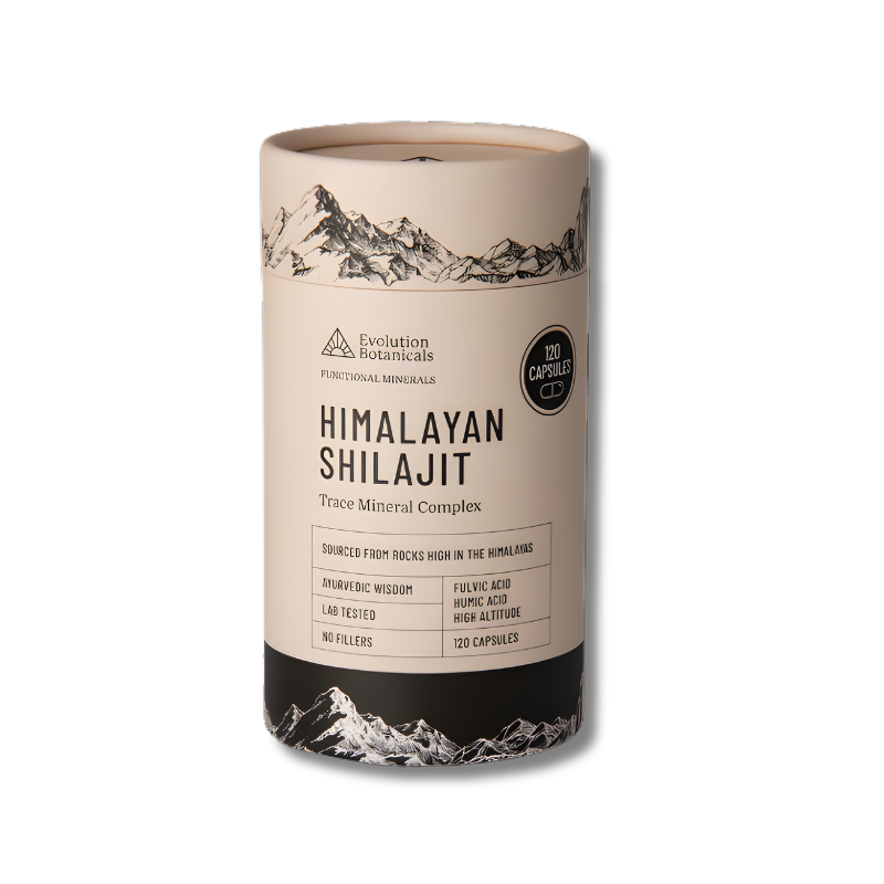 Himalayan Shilajit product packaging with mountain design on a white background