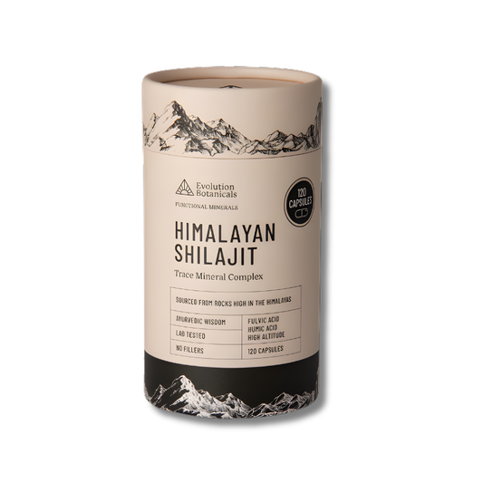 Himalayan Shilajit product packaging with mountain design on a white background