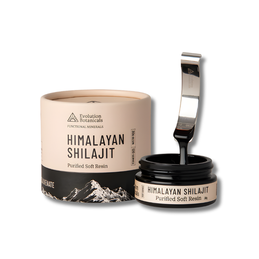 Himalayan Shilajit container with a scoop on a white background