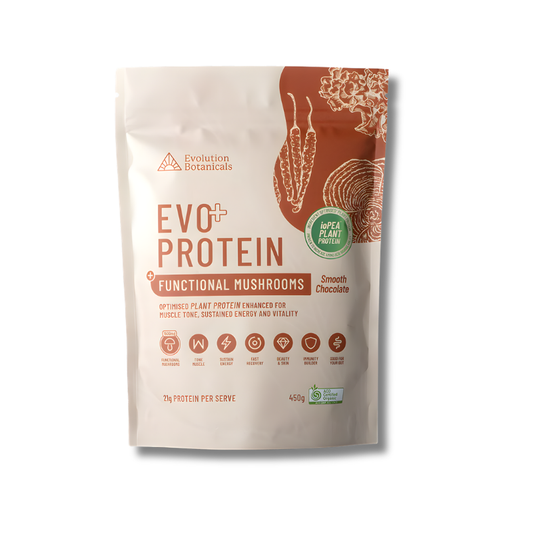 Evolution Botanicals EVO+ Protein package with functional mushrooms on a white background