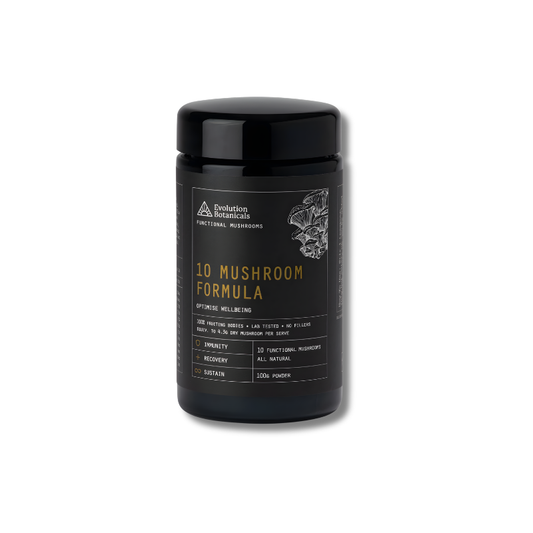 Evolution Botanicals 10 Mushroom Formula powder helps support general wellbeing and assists in maintaining overall health.